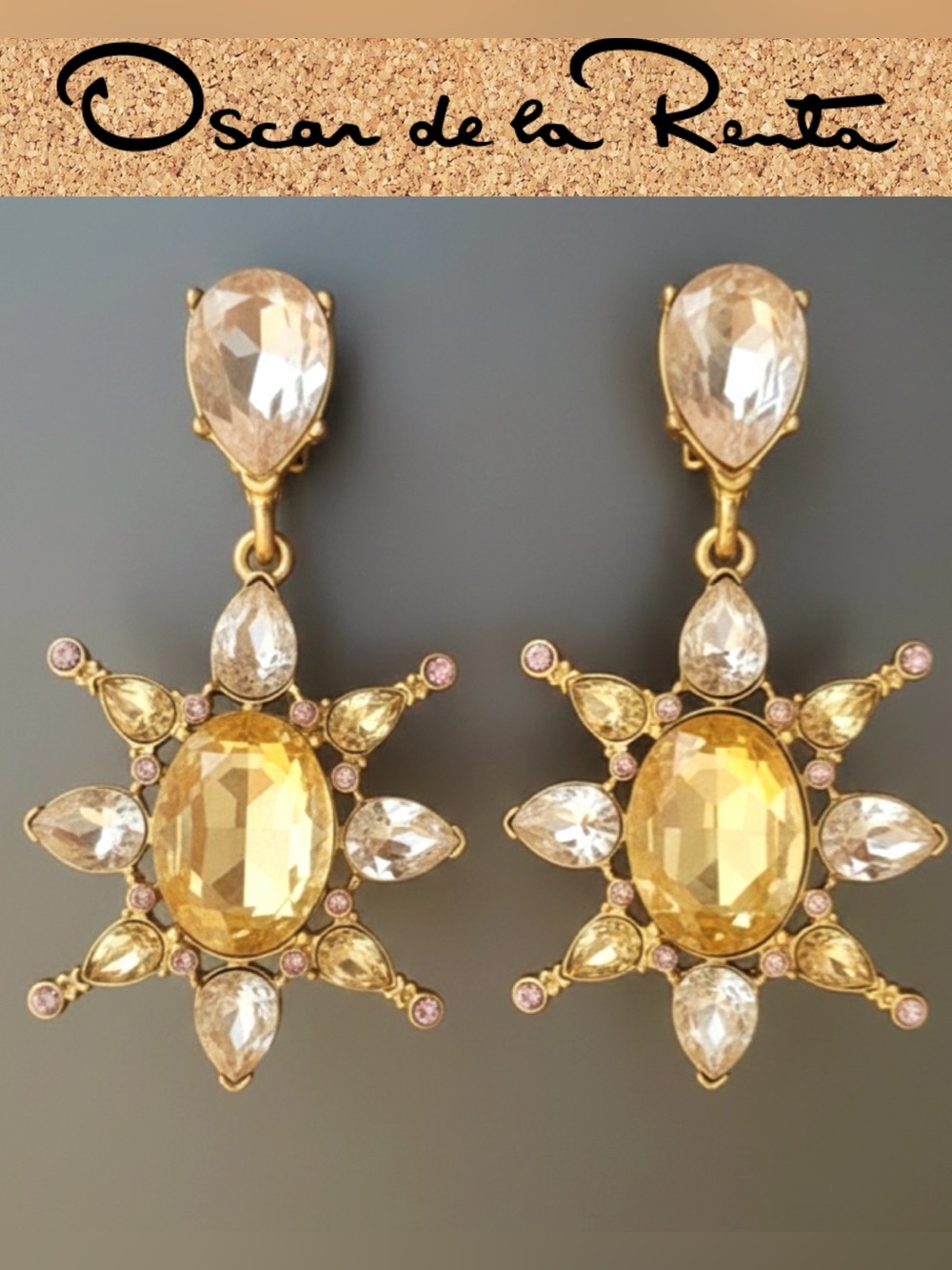 Oscar de la Renta Golden Tropical Bloom CRYSTAL Starburst Drop Earrings ✨CLIP-ON